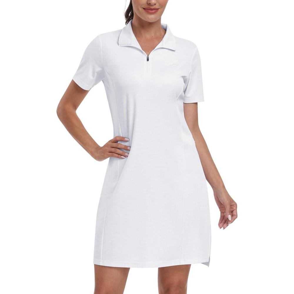 imageJINSHI Womens Tennis Golf Dress Soft Sport Workout Short Sleeve Stand Collar Dresses for Women with Zipper PocketsUpgraded White