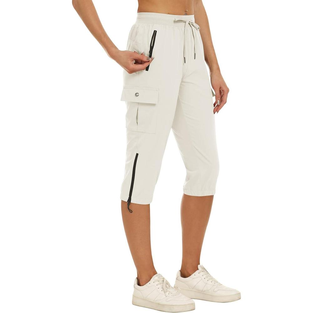 imageMoFiz Capris for Women Cargo Hiking Pants Lightweight Quick Dry Running Summer Athletic Workout Casual Outdoor Zipper with Pockets White L
