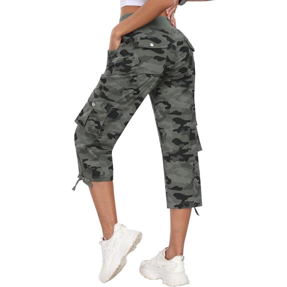 imageMoFiz Hiking Cargo Pants Women Summer 34 Long Lightweight Capri Outdoor Trousers Breathable with Zipper Pocket20camouflage Green