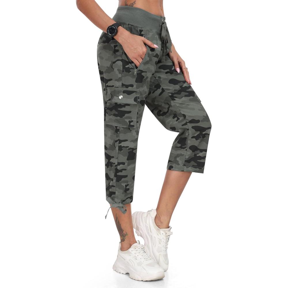 imageMoFiz Hiking Cargo Pants Women Summer 34 Long Lightweight Capri Outdoor Trousers Breathable with Zipper PocketCamo Green