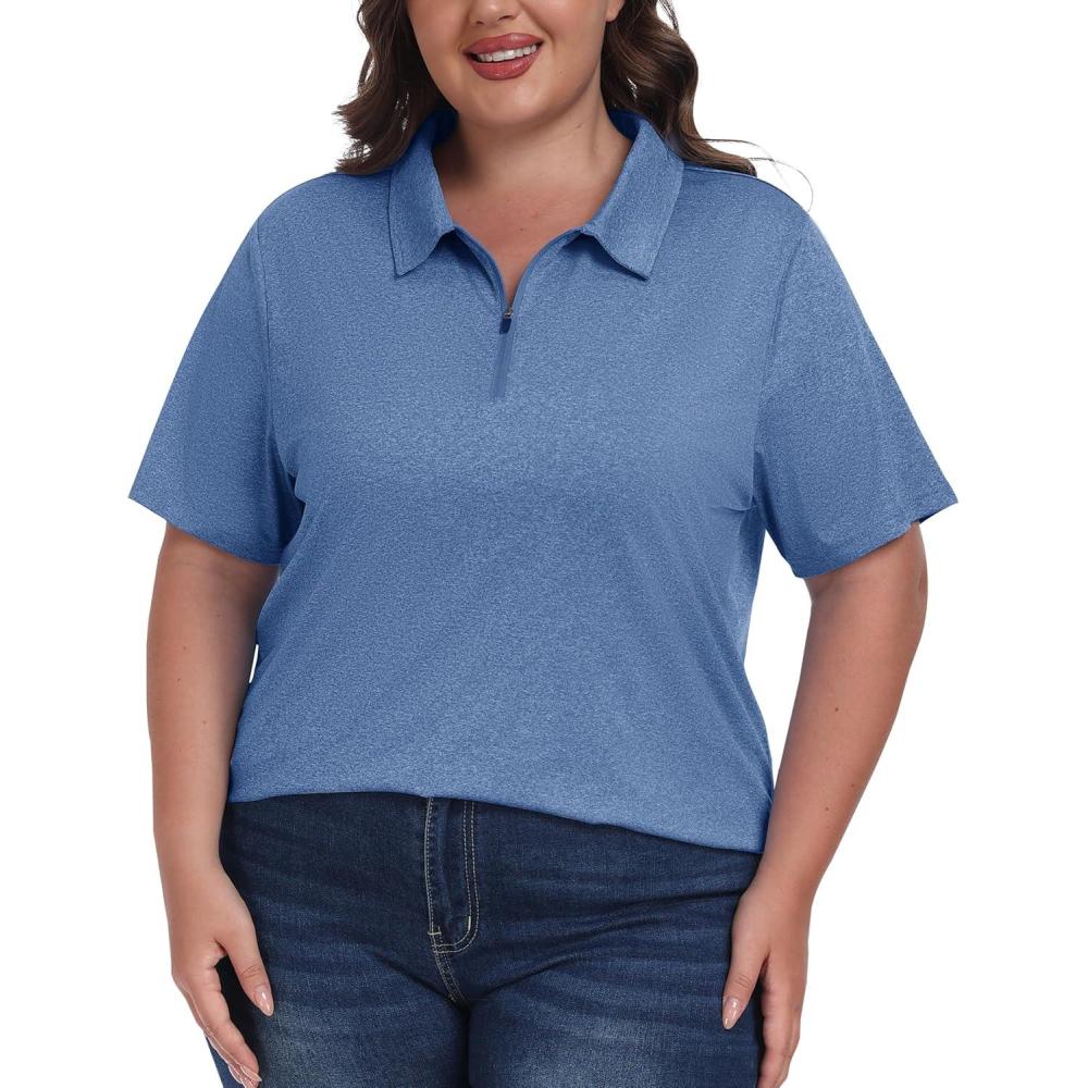 imageMoFiz Plus Size Golf Polo Shirts for Women Zip Up Short Sleeve Collared Tennis Workout Tops Sport Athletic Activewear XL5XLBlue