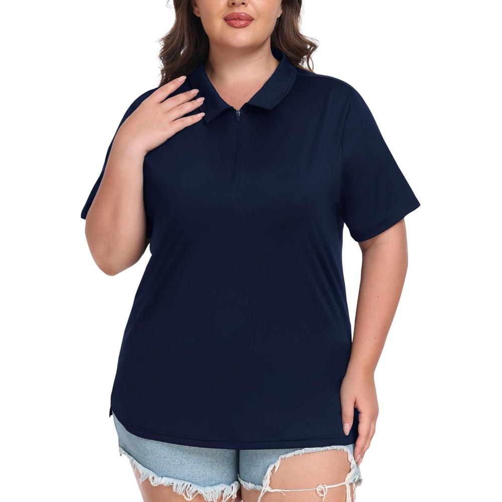 imageMoFiz Plus Size Golf Polo Shirts for Women Zip Up Short Sleeve Collared Tennis Workout Tops Sport Athletic Activewear XL5XLNavy Blue