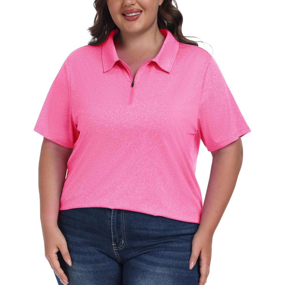 imageMoFiz Plus Size Golf Polo Shirts for Women Zip Up Short Sleeve Collared Tennis Workout Tops Sport Athletic Activewear XL5XLRose Red