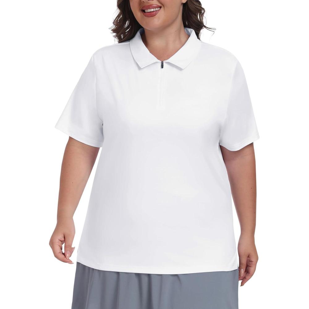 imageMoFiz Plus Size Golf Polo Shirts for Women Zip Up Short Sleeve Collared Tennis Workout Tops Sport Athletic Activewear XL5XLWhite