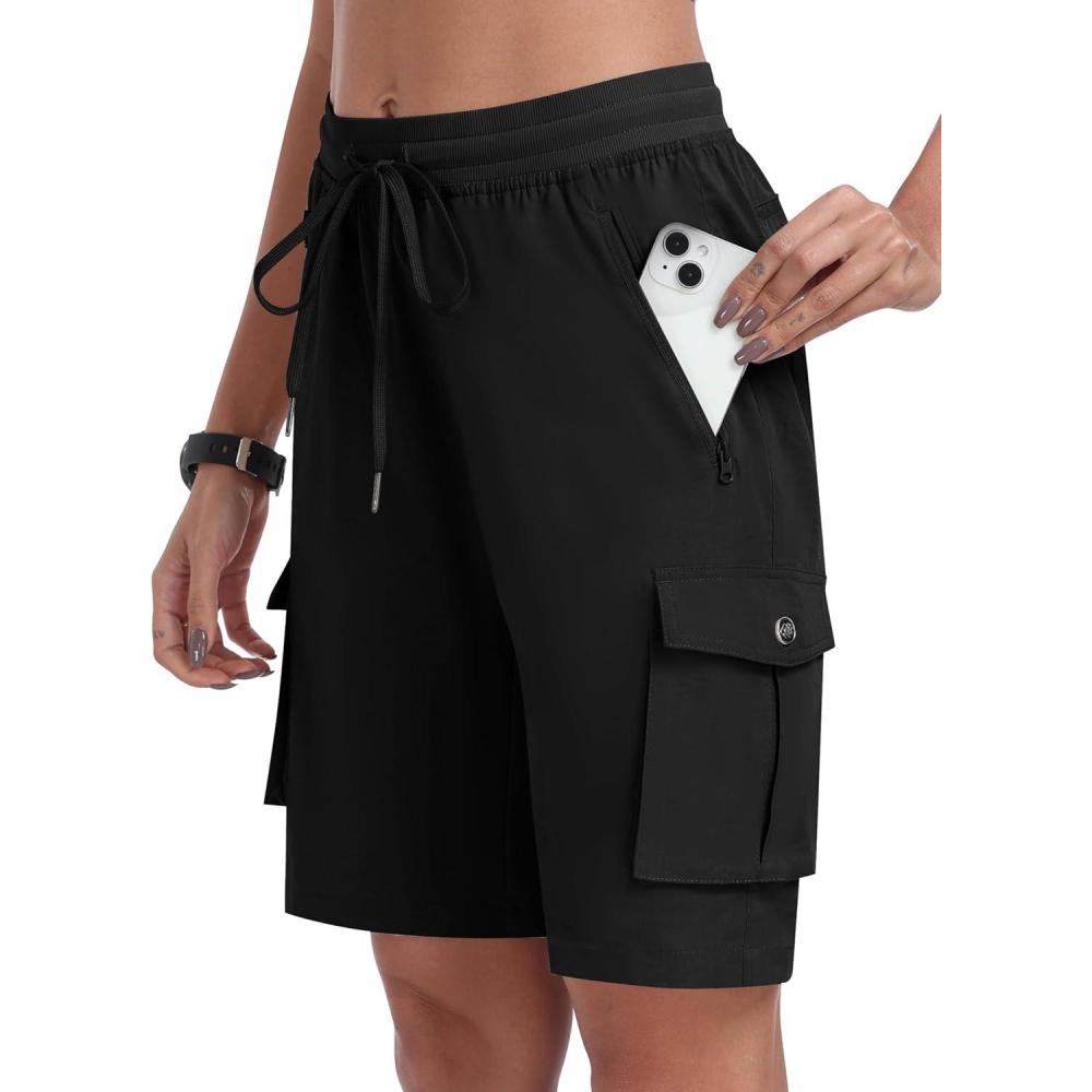 imageMoFiz Womens 10quot Hiking Cargo Shorts Lightweight Quick Dry Outdoor Running Athletic Short Summer Travel Loose 6 PocketsB01black