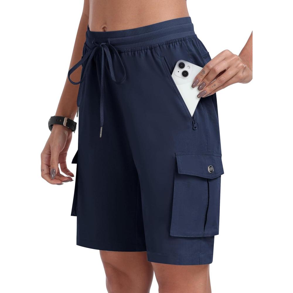 imageMoFiz Womens 10quot Hiking Cargo Shorts Lightweight Quick Dry Outdoor Running Athletic Short Summer Travel Loose 6 PocketsB02navy