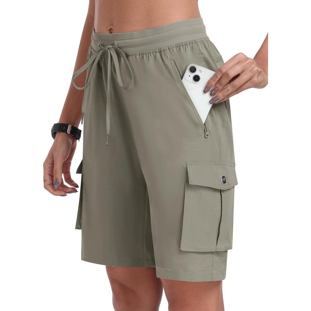 imageMoFiz Womens 10quot Hiking Cargo Shorts Lightweight Quick Dry Outdoor Running Athletic Short Summer Travel Loose 6 PocketsB04grey Khaki