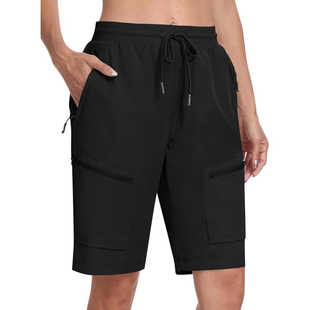 imageMoFiz Womens 10quot Long Shorts for Women Knee Length Quick Dry Women Hiking Cargo Athletic Travel Golf Shorts with Zip PocketsAablack