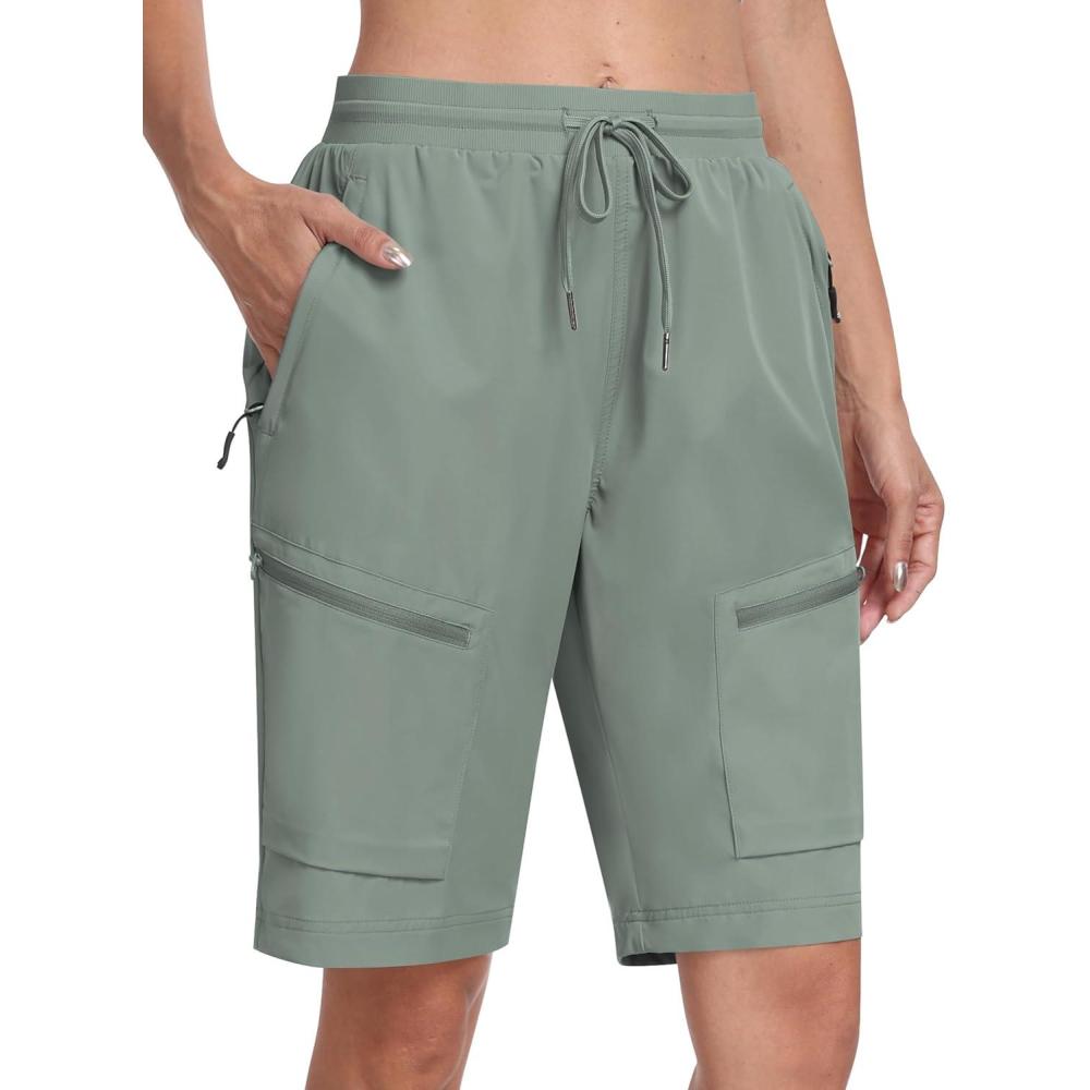 imageMoFiz Womens 10quot Long Shorts for Women Knee Length Quick Dry Women Hiking Cargo Athletic Travel Golf Shorts with Zip PocketsAbgray Green