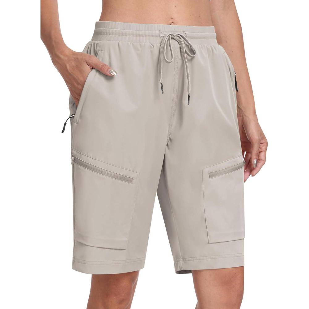 imageMoFiz Womens 10quot Long Shorts for Women Knee Length Quick Dry Women Hiking Cargo Athletic Travel Golf Shorts with Zip PocketsAclight Khaki