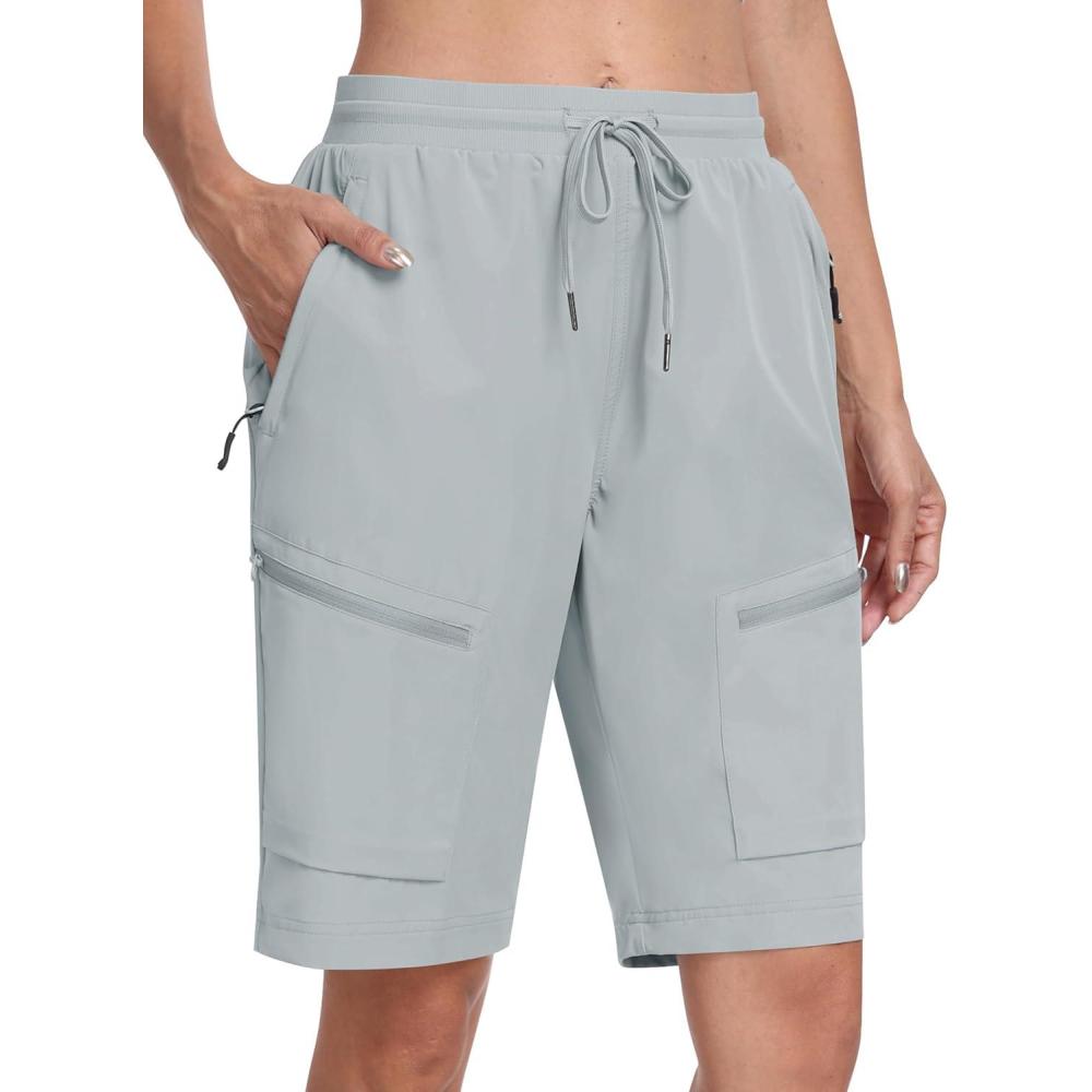 imageMoFiz Womens 10quot Long Shorts for Women Knee Length Quick Dry Women Hiking Cargo Athletic Travel Golf Shorts with Zip PocketsAflight Gray
