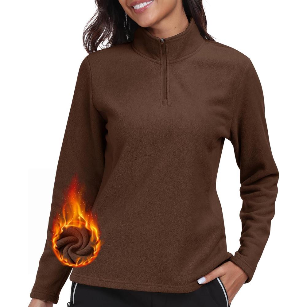 imageMoFiz Womens 14 Zip Polar Fleece Pullover Long Sleeve Soft Lightweight Warm Winter Jacket TopBrown