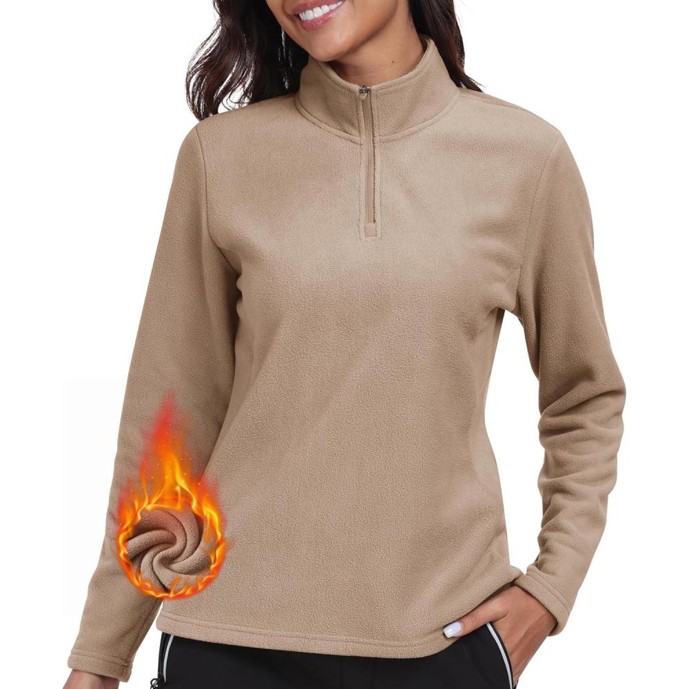 imageMoFiz Womens 14 Zip Polar Fleece Pullover Long Sleeve Soft Lightweight Warm Winter Jacket TopKhaki