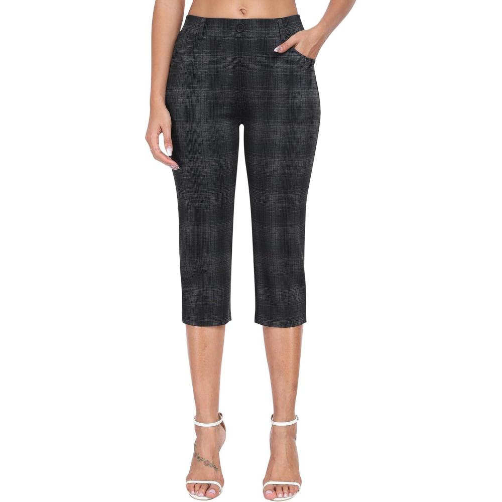 imageMoFiz Womens Capri Pants Summer PullOn Stretch Straight Leg Golf Yoga ampamp Business Casual Dressy Cropped Pants with PocketsBlue Plaid