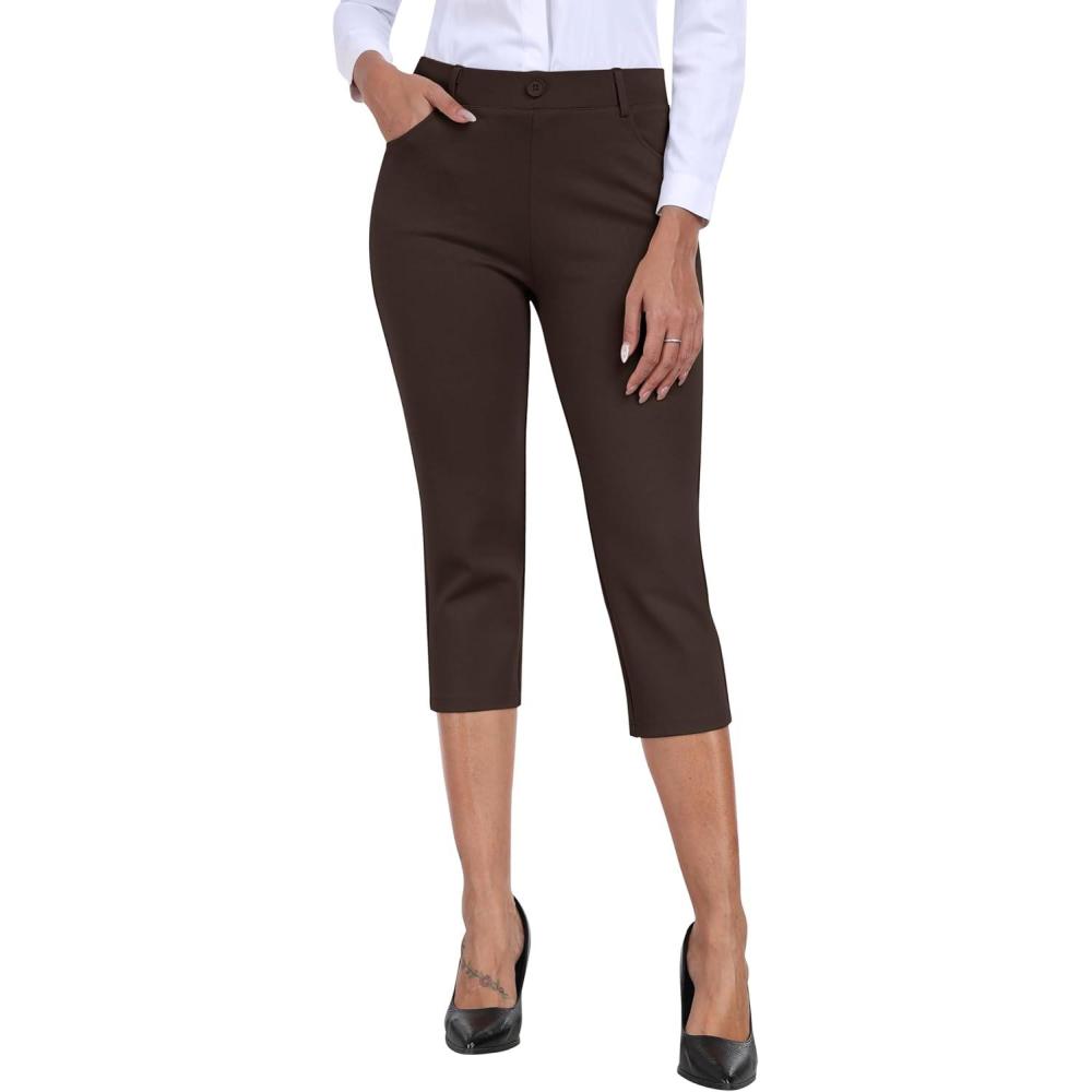 imageMoFiz Womens Capri Pants Summer PullOn Stretch Straight Leg Golf Yoga ampamp Business Casual Dressy Cropped Pants with PocketsCoffee Brown