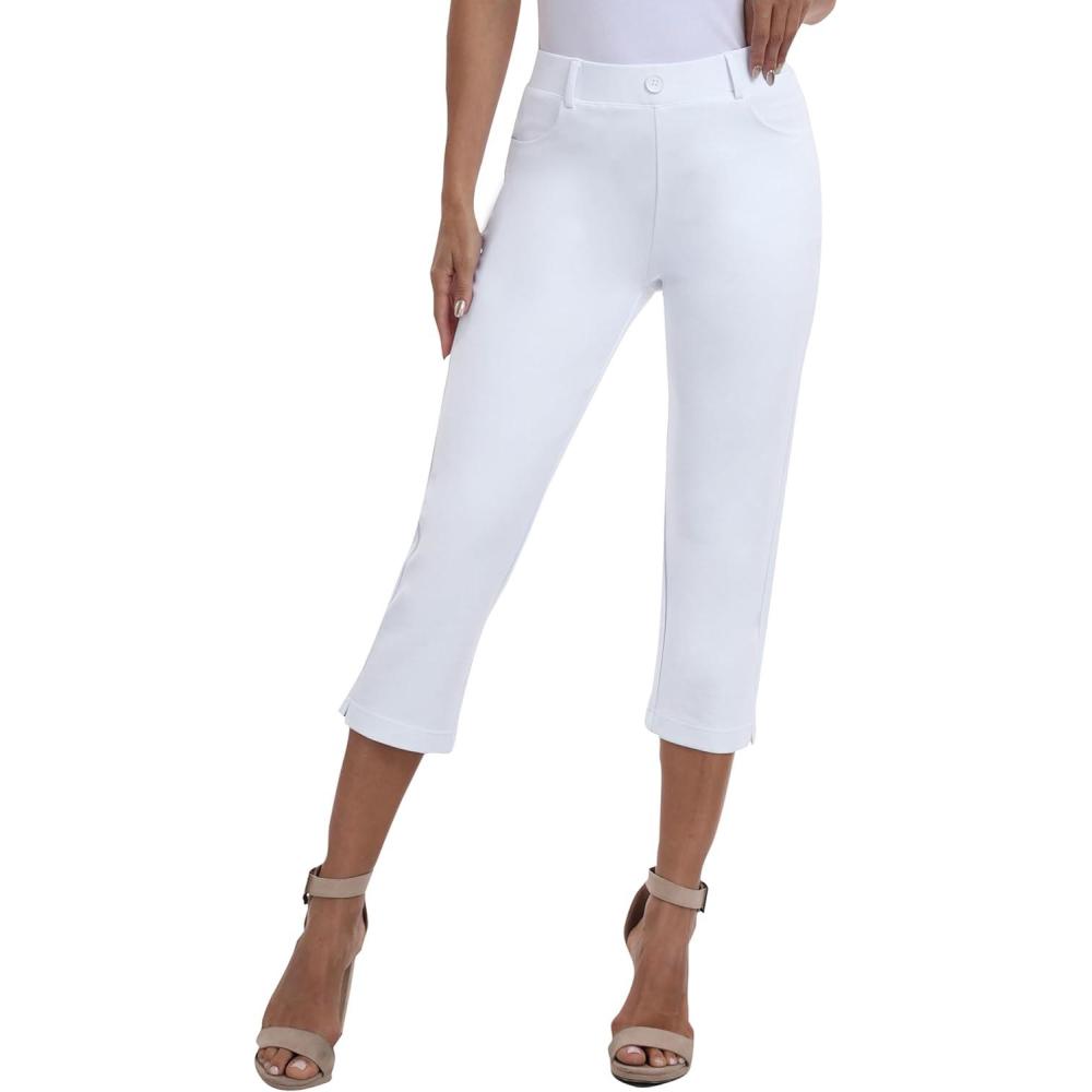 imageMoFiz Womens Capri Pants Summer PullOn Stretch Straight Leg Golf Yoga ampamp Business Casual Dressy Cropped Pants with PocketsWhite