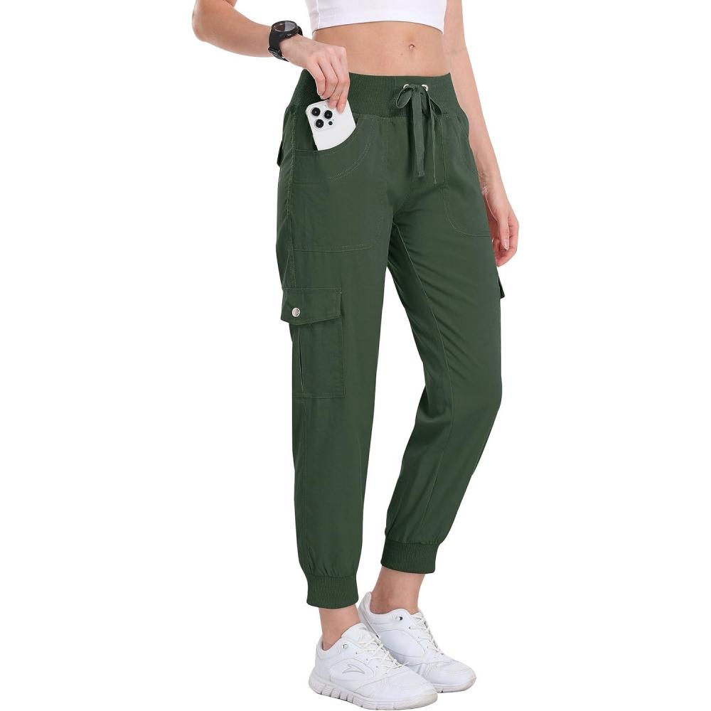 imageMoFiz Womens Cargo Joggers Lightweight QuickDry Elastic Waist Summer Pants for Hiking Golf ampamp Outdoor Travel Ankle CuffsArmy Green
