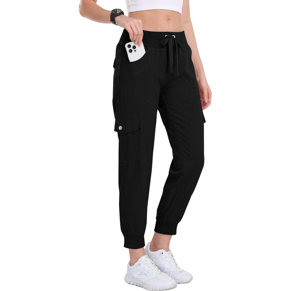 imageMoFiz Womens Cargo Joggers Lightweight QuickDry Elastic Waist Summer Pants for Hiking Golf ampamp Outdoor Travel Ankle CuffsBlack