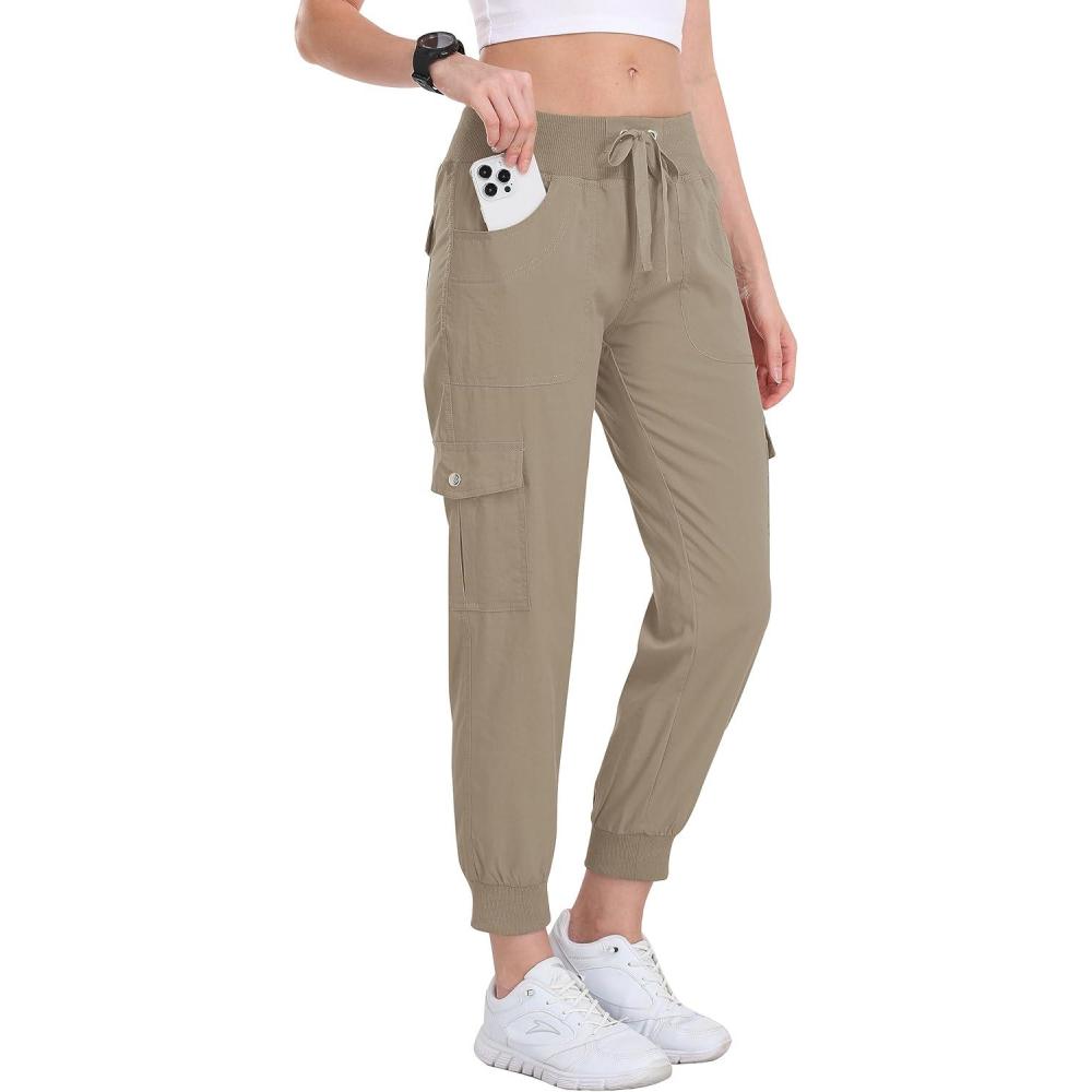 imageMoFiz Womens Cargo Joggers Lightweight QuickDry Elastic Waist Summer Pants for Hiking Golf ampamp Outdoor Travel Ankle CuffsKhaki