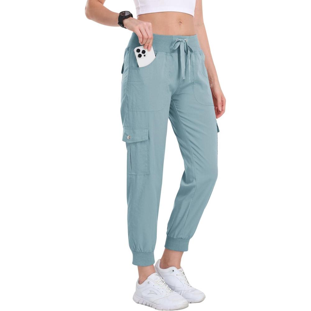 imageMoFiz Womens Cargo Joggers Lightweight QuickDry Elastic Waist Summer Pants for Hiking Golf ampamp Outdoor Travel Ankle CuffsLight Blue