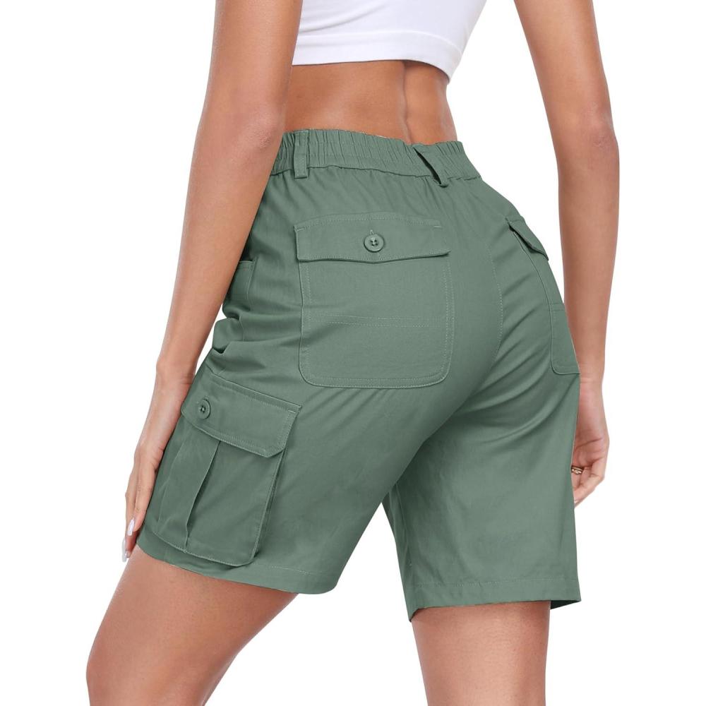 imageMoFiz Womens Cargo Shorts Bermuda Shorts Button Pockets Elastic Waist Knee Length Long Hiking Casual Shorts for SummerGreen