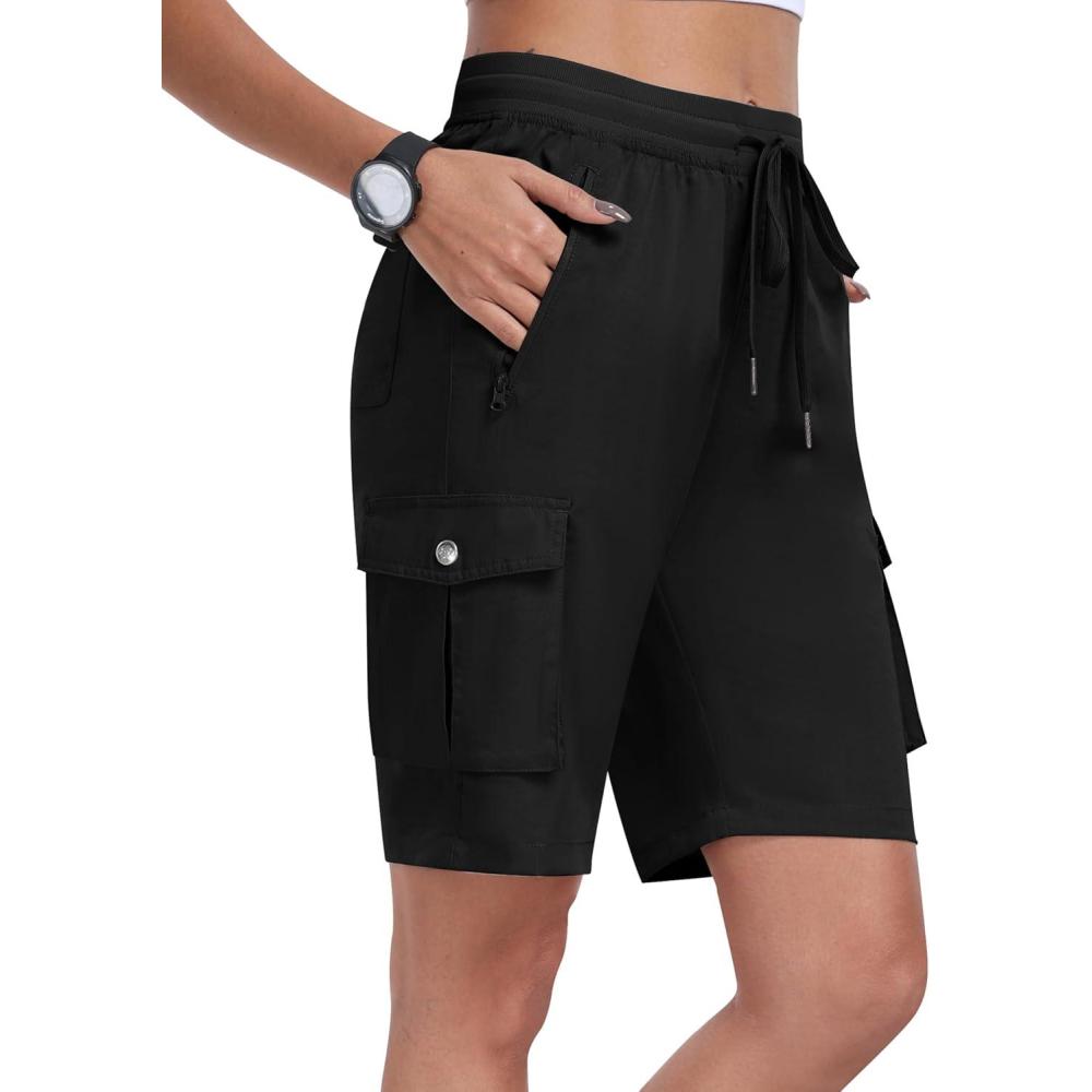 imageMoFiz Womens Cargo Shorts Quick Dry Athletic Shorts Lightweight Running Summer Hiking Shorts with PocketsBlack