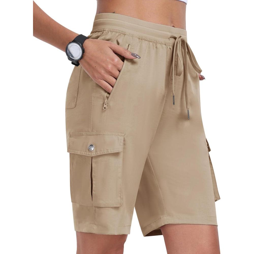 imageMoFiz Womens Cargo Shorts Quick Dry Athletic Shorts Lightweight Running Summer Hiking Shorts with PocketsKhaki