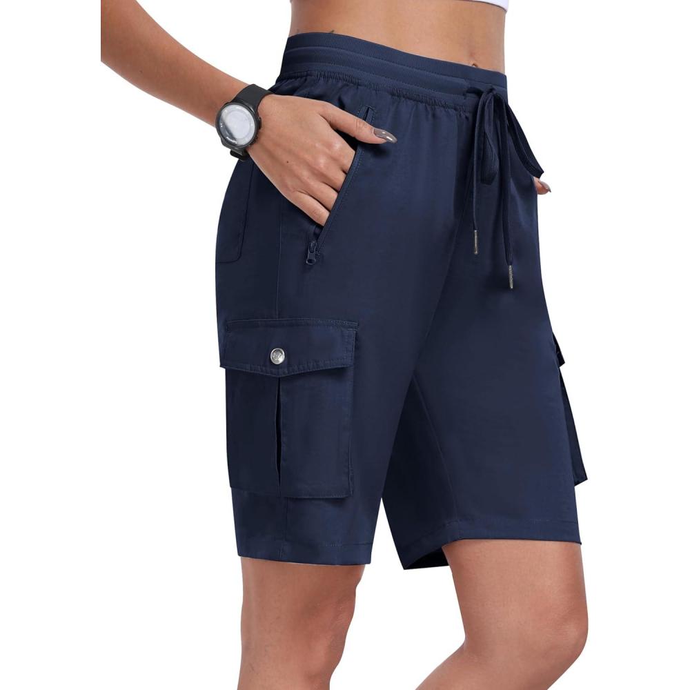 imageMoFiz Womens Cargo Shorts Quick Dry Athletic Shorts Lightweight Running Summer Hiking Shorts with PocketsNavy