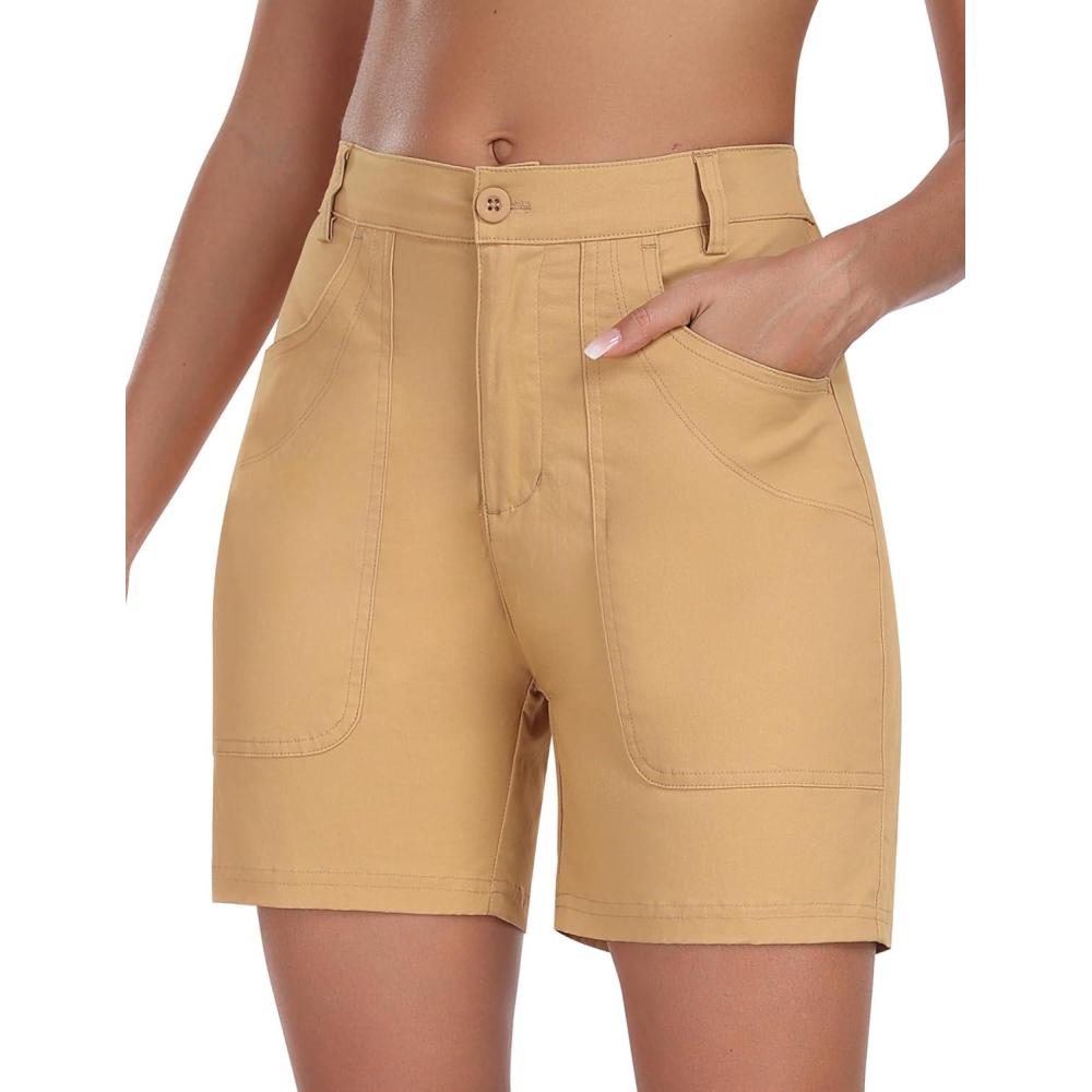 imageMoFiz Womens Cotton Bermuda Cargo Shorts 7quot Casual Summer Elastic Waist Hiking Shorts with 6 PocketsBeige
