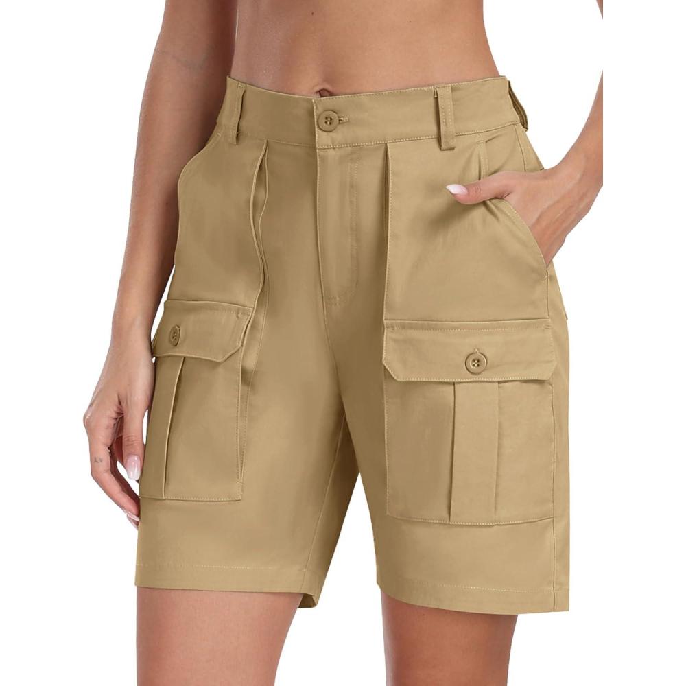 imageMoFiz Womens Cotton Bermuda Cargo Shorts 7quot Casual Summer Elastic Waist Hiking Shorts with 6 PocketsKhaki