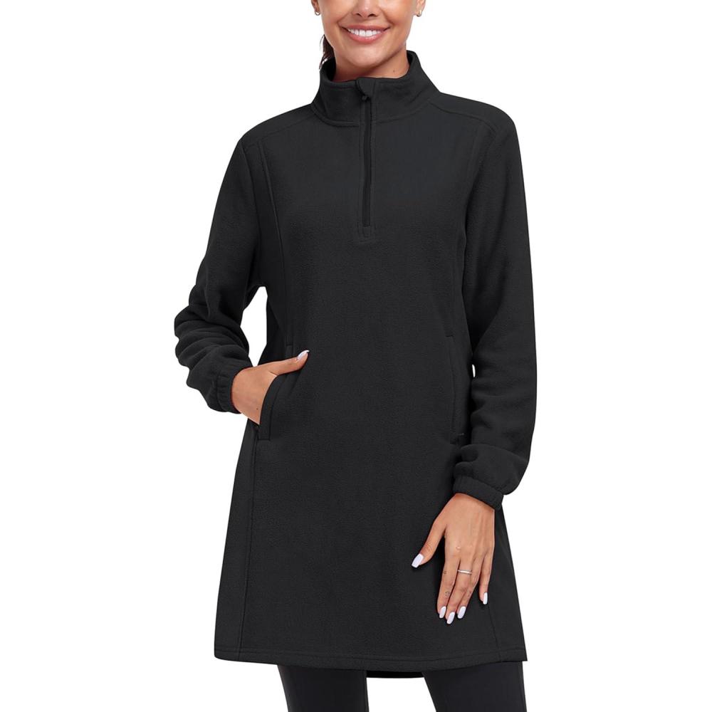 imageMoFiz Womens Fleece Dress Sweatshirt Long Half Zip Pullover Polar Tunic Winter Lounge Dress Warm Cover Ups with PocketBlack