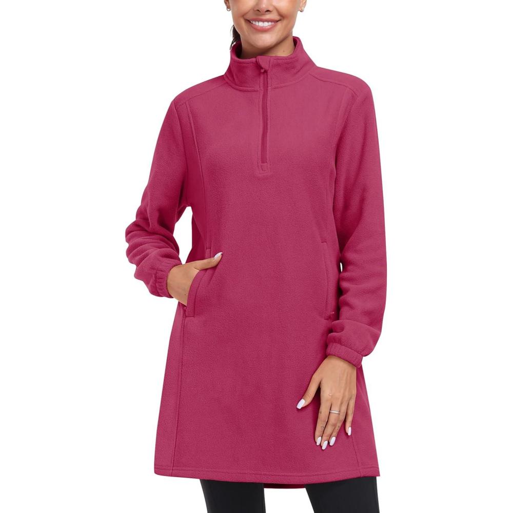 imageMoFiz Womens Fleece Dress Sweatshirt Long Half Zip Pullover Polar Tunic Winter Lounge Dress Warm Cover Ups with PocketRose Red