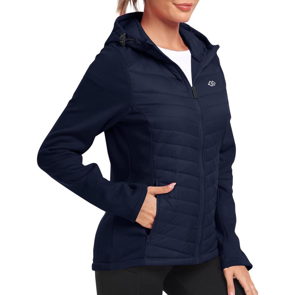 imageMoFiz Womens Fleece Lined Softshell Jacket Hooded Lightweight Insulated Puffer Hybrid Down Jacket Full Zip Running CoatNavy