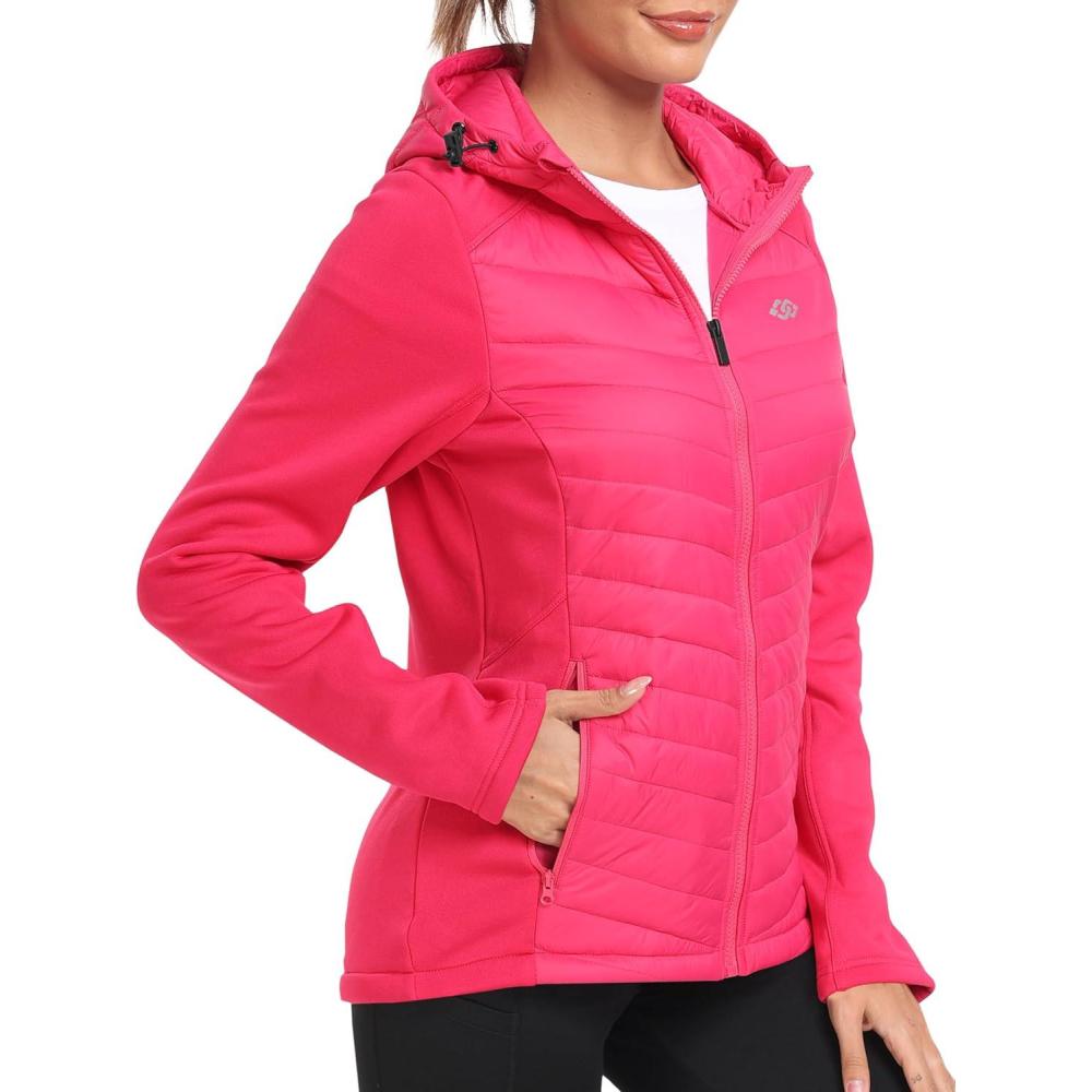 imageMoFiz Womens Fleece Lined Softshell Jacket Hooded Lightweight Insulated Puffer Hybrid Down Jacket Full Zip Running CoatRose Red