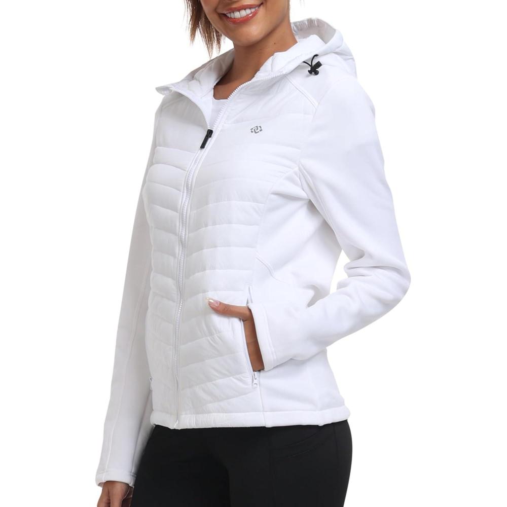 imageMoFiz Womens Fleece Lined Softshell Jacket Hooded Lightweight Insulated Puffer Hybrid Down Jacket Full Zip Running CoatWhite