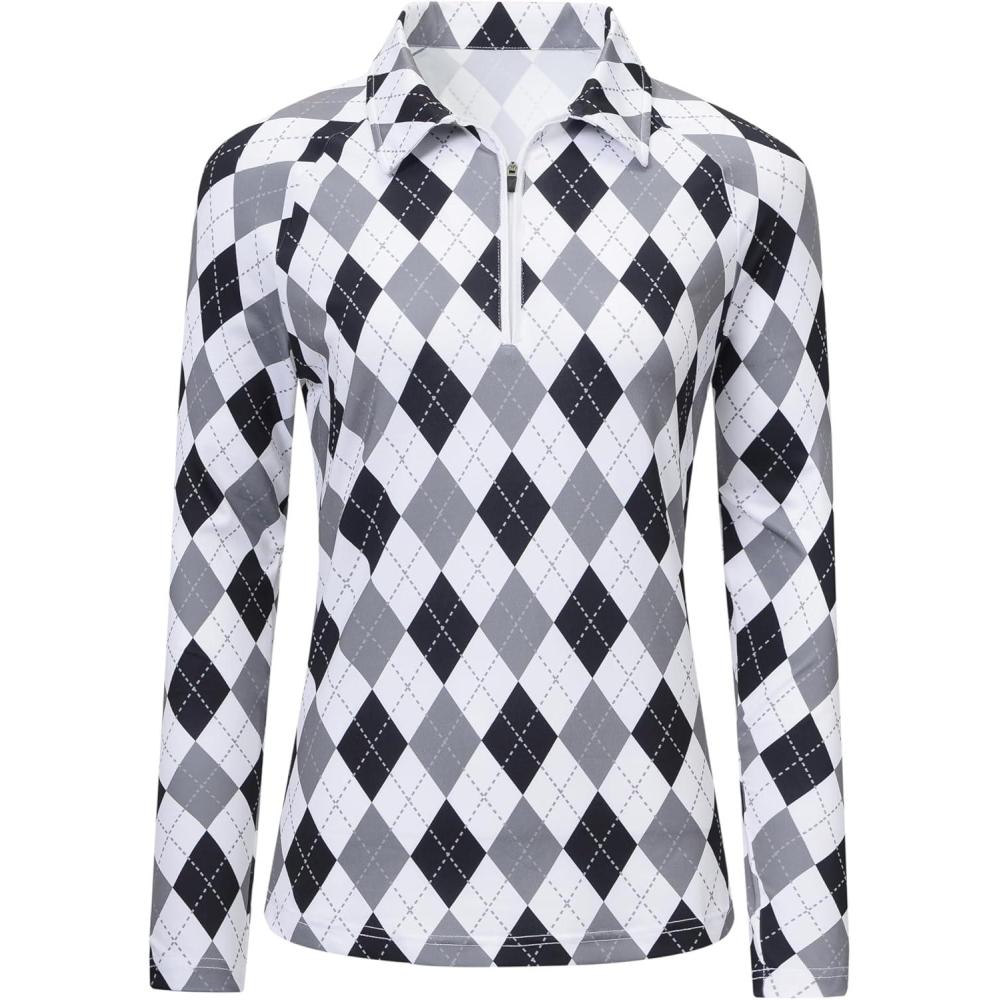 imageMoFiz Womens Golf Polo Shirt Long Sleeve Collared 14 Zip Stretch Soft Athletic Tops for Tennis Hiking ampamp Outdoor SportsGrey Black Argyle