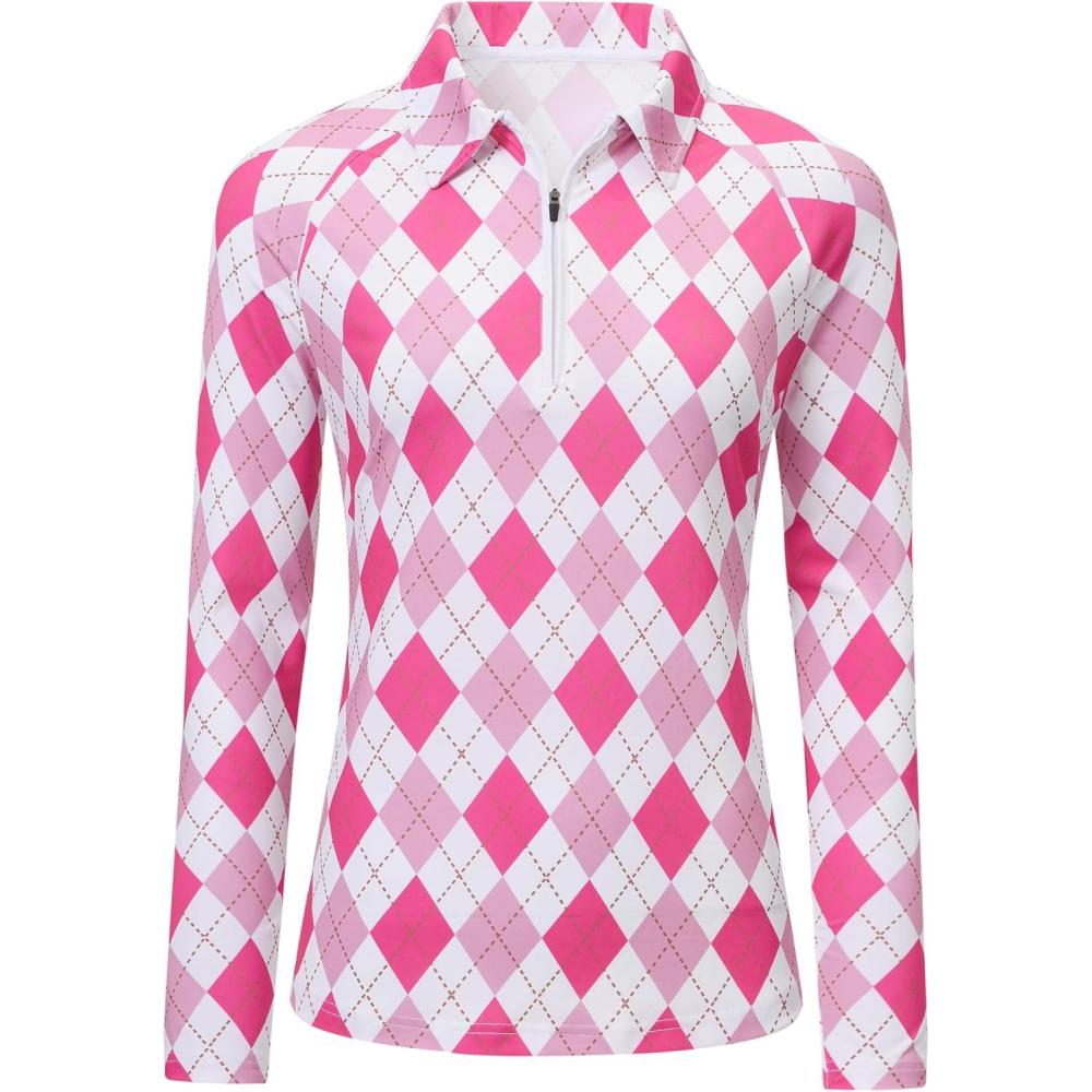 imageMoFiz Womens Golf Polo Shirt Long Sleeve Collared 14 Zip Stretch Soft Athletic Tops for Tennis Hiking ampamp Outdoor SportsRose Pink Argyle