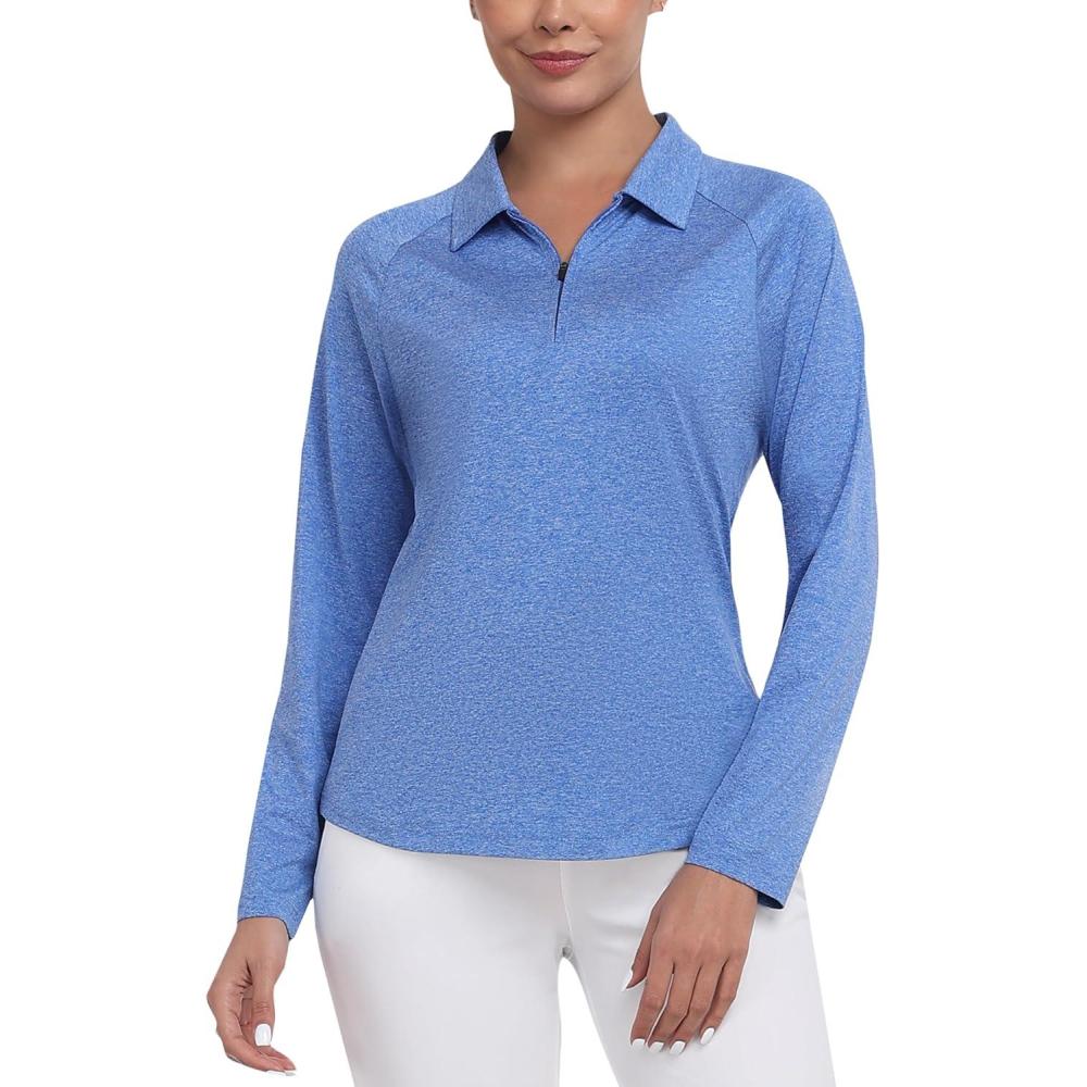 imageMoFiz Womens Golf Polo Shirt Long Sleeve Collared 14 Zip Stretch Soft Athletic Tops for Tennis Hiking ampamp Outdoor SportsSky Blue