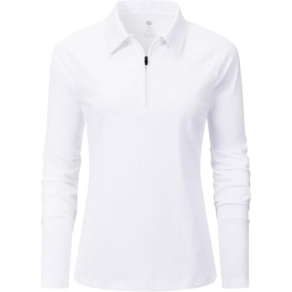 imageMoFiz Womens Golf Polo Shirt Long Sleeve Collared 14 Zip Stretch Soft Athletic Tops for Tennis Hiking ampamp Outdoor SportsWhite