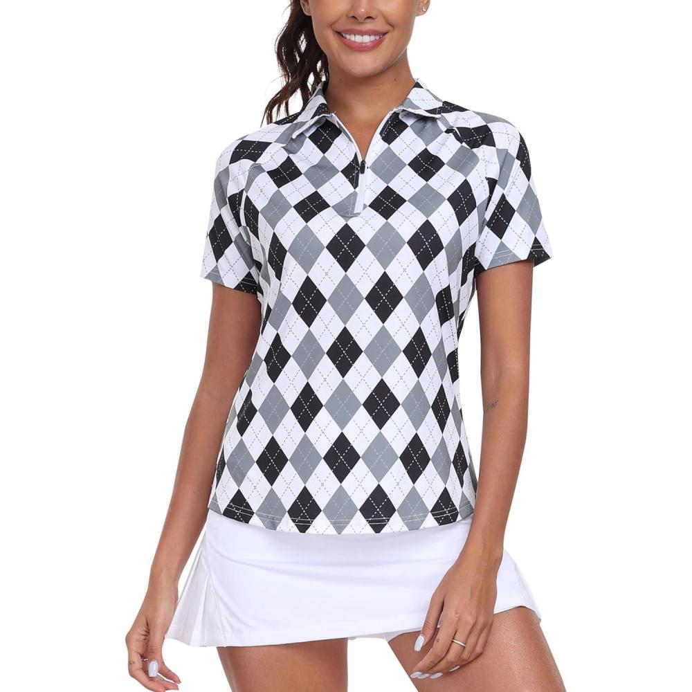 imageMoFiz Womens Golf Polo Shirt Short Sleeve Collared 14 Zip Athletic Tennis Shirt QuickDry Lightweight Summer Casual TopsBlack Grey Argyle