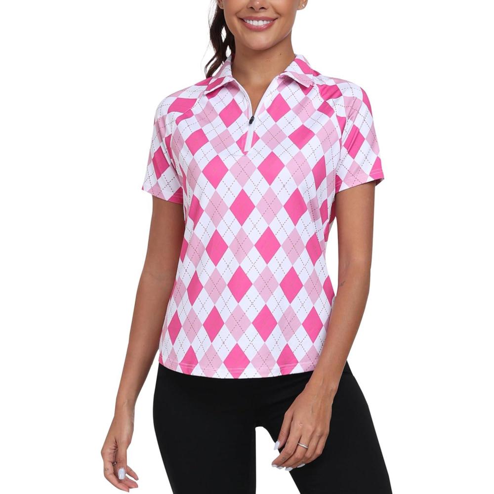 imageMoFiz Womens Golf Polo Shirt Short Sleeve Collared 14 Zip Athletic Tennis Shirt QuickDry Lightweight Summer Casual TopsRose Pink Argyle