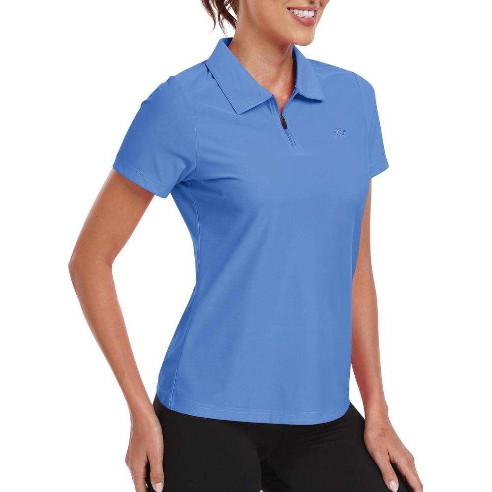 imageMoFiz Womens Golf Polo Shirt Short Sleeve UPF 50 Collared 14 Zip Tennis Tops QuickDry Lightweight Cooling Athletic ShirtSky Blue