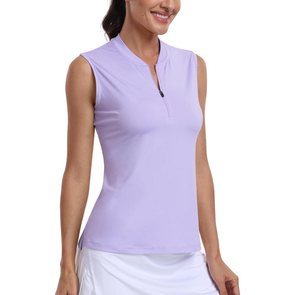 imageMoFiz Womens Golf Polo Shirt Sleeveless 14 Zip Collarless Tennis Tank Tops QuickDry Lightweight Athletic Sport TShirtLight Purple