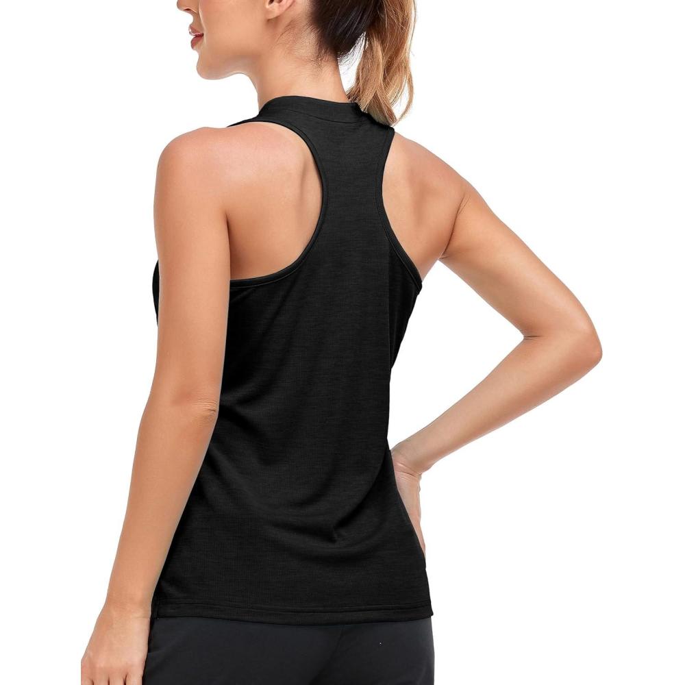 imageMoFiz Womens Golf Tennis Polo Shirt Sleeveless 14 Zip Collarless Racerback Pickleball Tank Tops Quick Dry Athletic TShirtBlack