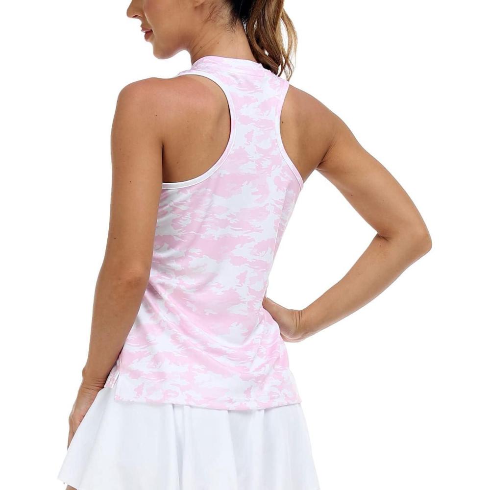 imageMoFiz Womens Golf Tennis Polo Shirt Sleeveless 14 Zip Collarless Racerback Pickleball Tank Tops Quick Dry Athletic TShirtCamo Pink