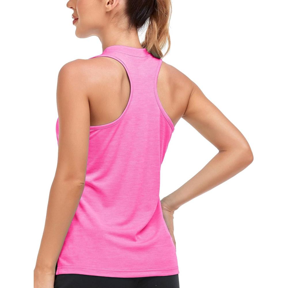 imageMoFiz Womens Golf Tennis Polo Shirt Sleeveless 14 Zip Collarless Racerback Pickleball Tank Tops Quick Dry Athletic TShirtRose Red