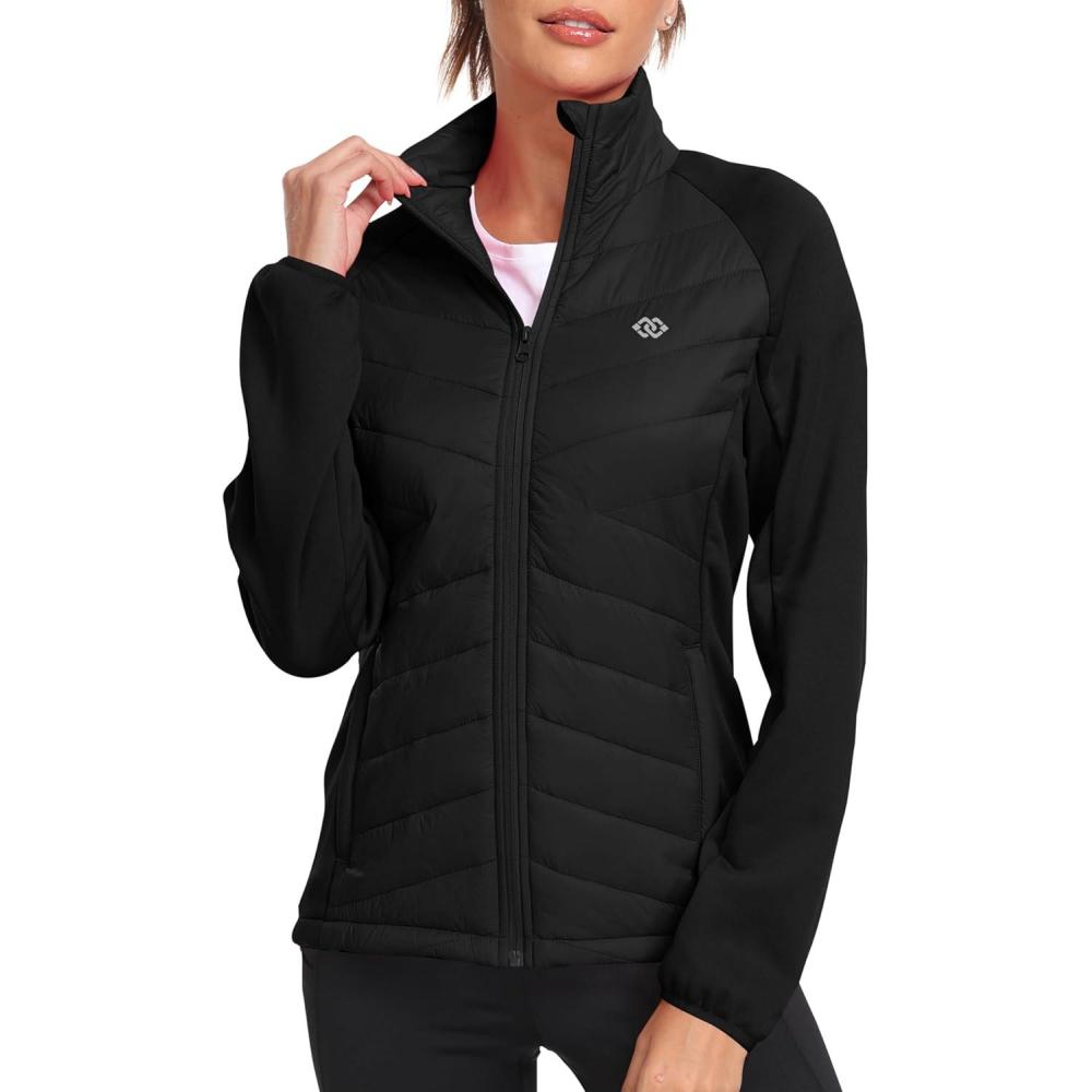 imageMoFiz Womens Lightweight Insulated Hiking Jacket Fleece Lined Thermal Hybrid Softshell Full Zip Winter Fall Running CoatBlack