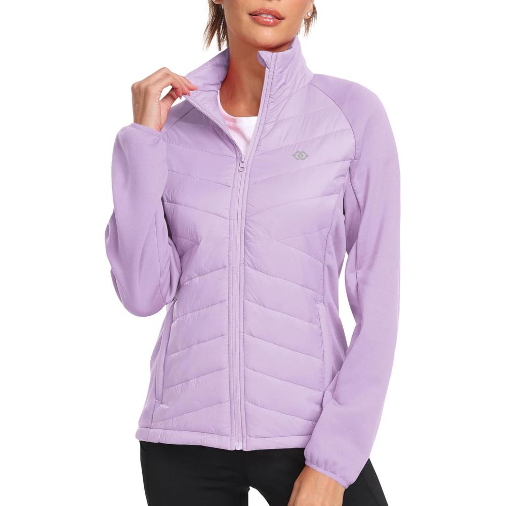imageMoFiz Womens Lightweight Insulated Hiking Jacket Fleece Lined Thermal Hybrid Softshell Full Zip Winter Fall Running CoatLight Purple