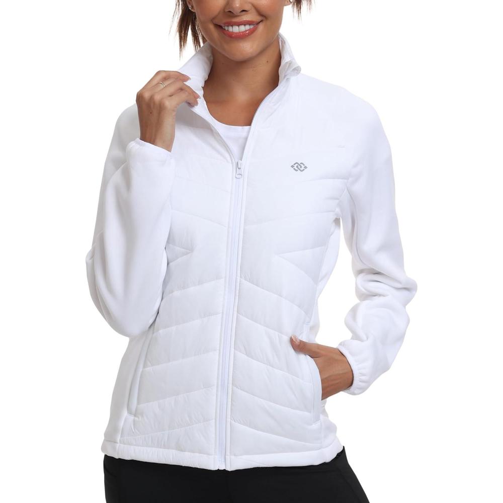 imageMoFiz Womens Lightweight Insulated Hiking Jacket Fleece Lined Thermal Hybrid Softshell Full Zip Winter Fall Running CoatWhite
