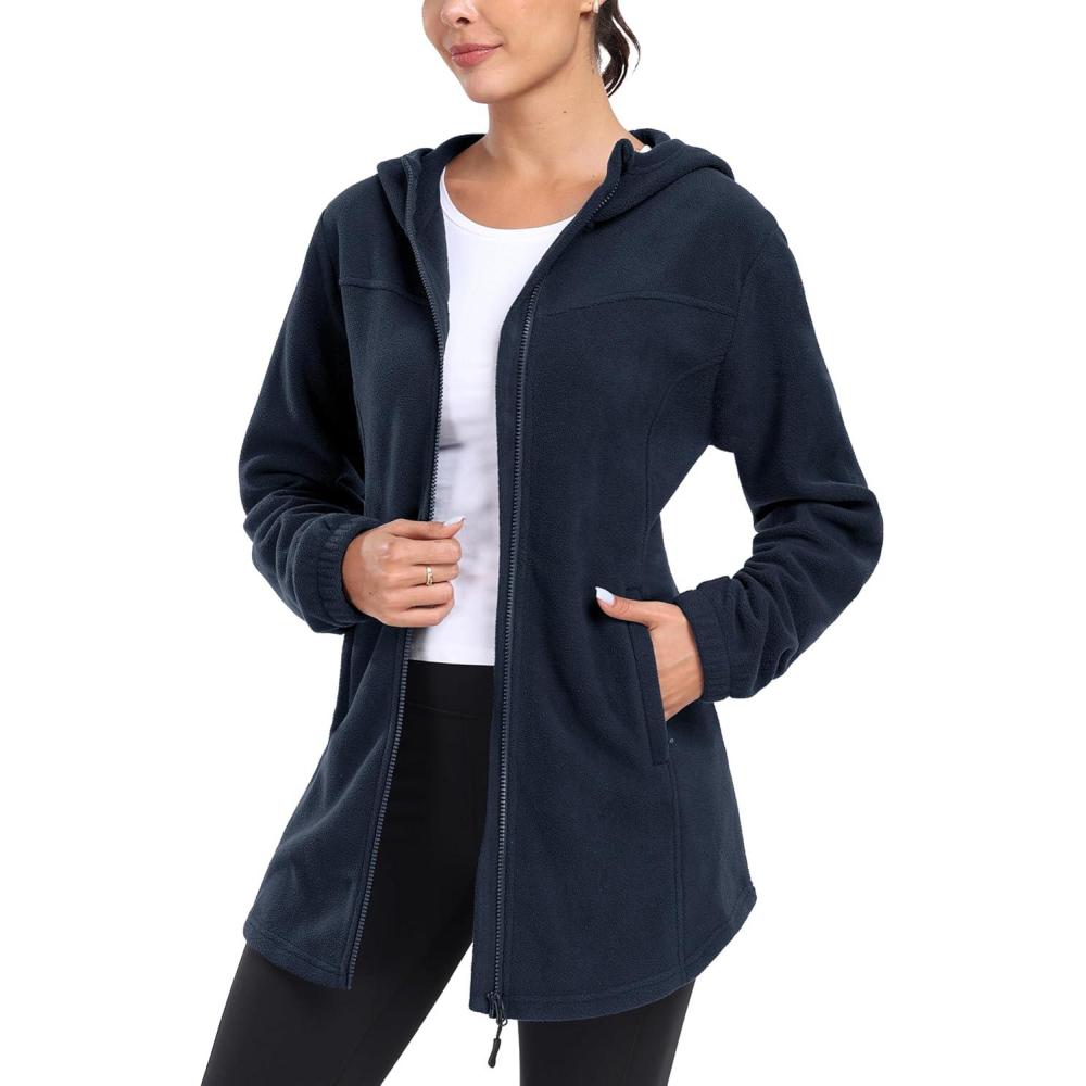 imageMoFiz Womens Long Polar Fleece Jacket Full Zip Up with Hood Lightweight Soft Fleece Coat for Travel ampamp Winter Athletic WearJacketnavy Blue